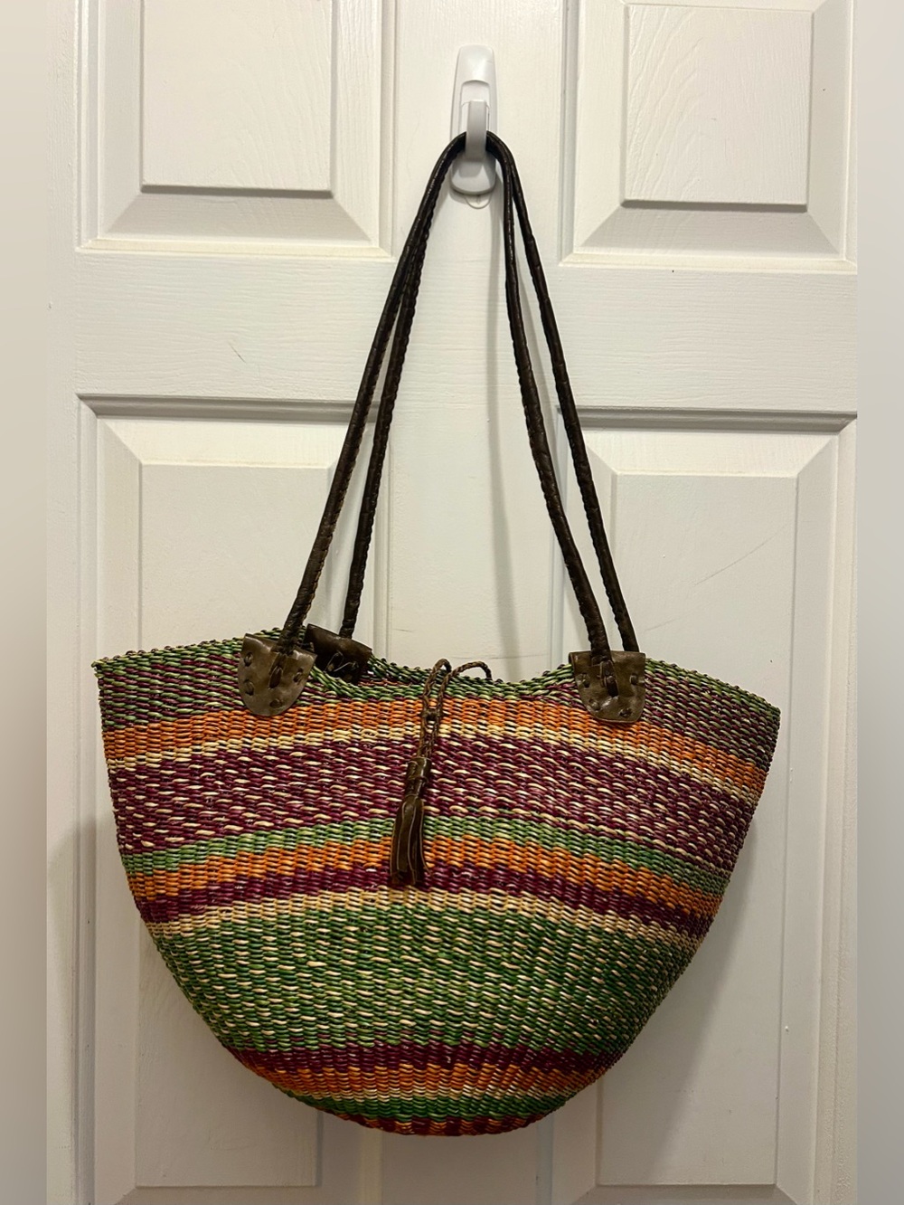 Vintage Handwoven Multicolor Straw Tote HandBag with Leather Handles